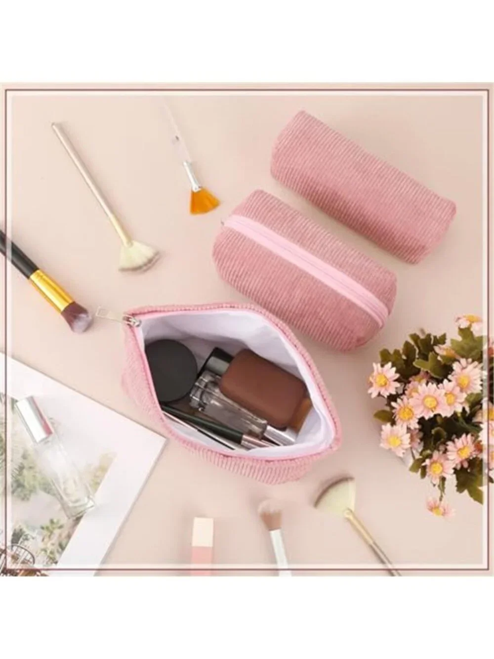 3 Pcs Corduroy Makeup Bag Set for Women Cute Pencil Case, Pink;Solid